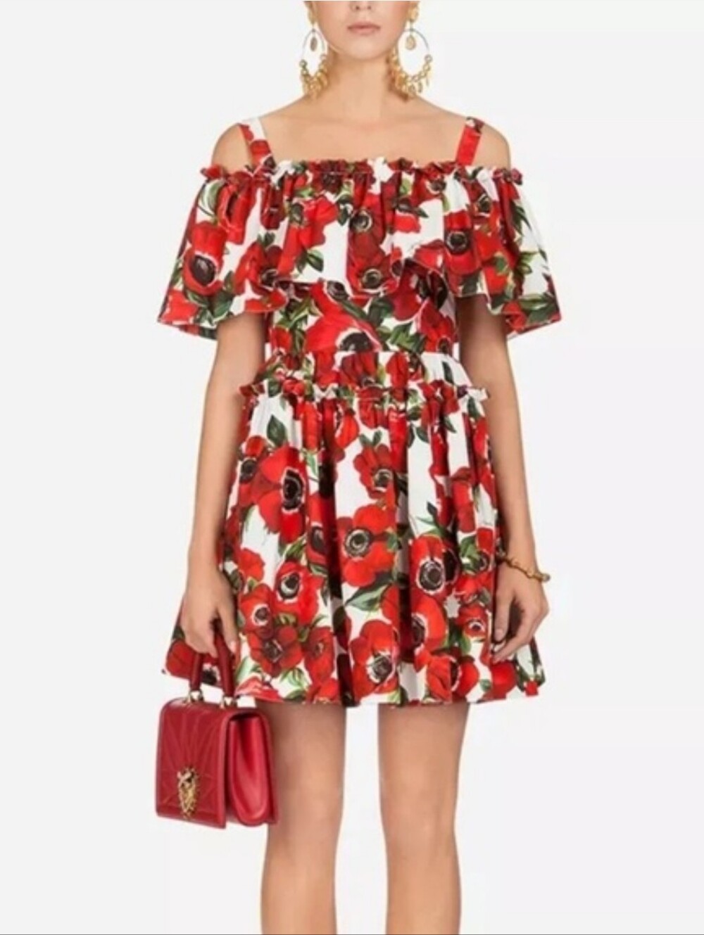 Dolce & Gabanna Mini Red Floral Off-Shoulder Ruffle Top Dress IT 38